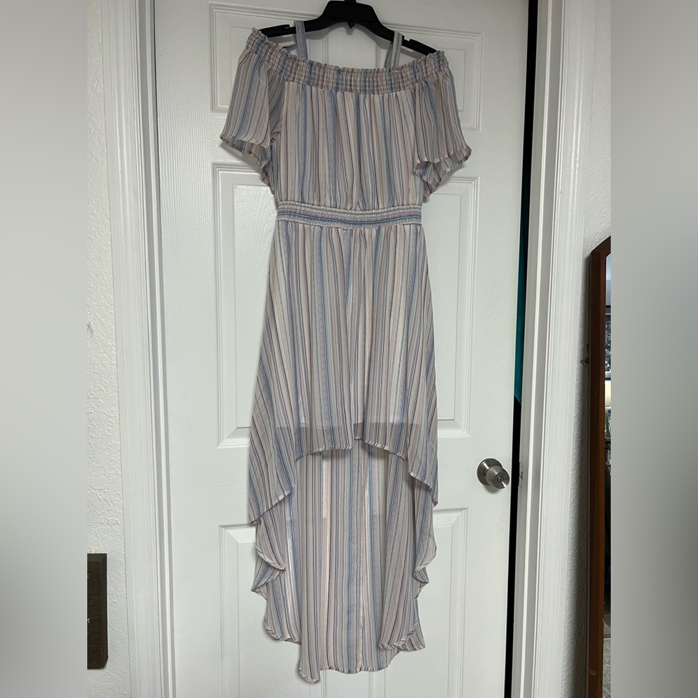 Lily Rose Off-Shoulder Striped High-Low Dress - Blue and Pink